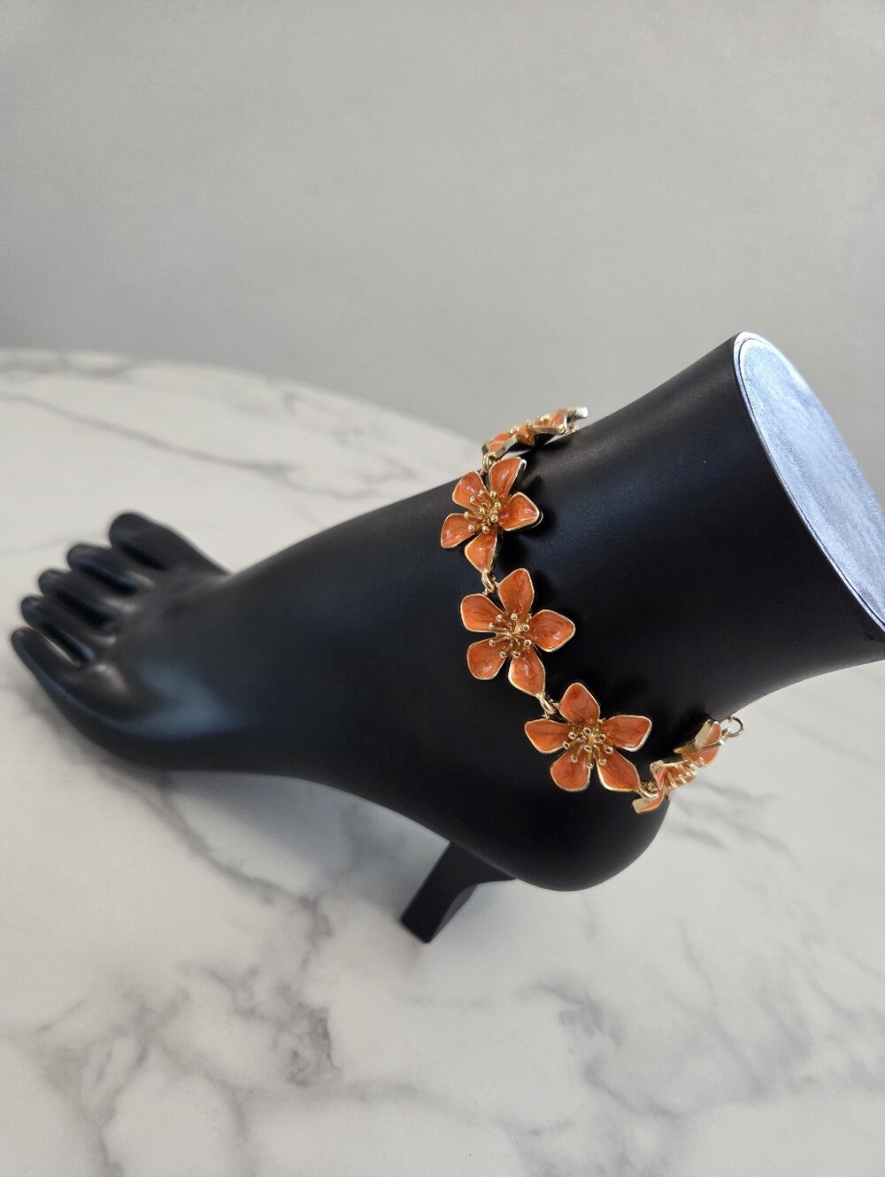 Gold & Orange Enamel Flower Anklet Boho Floral Anklet Bracelet Accesory - Picture 5 of 12